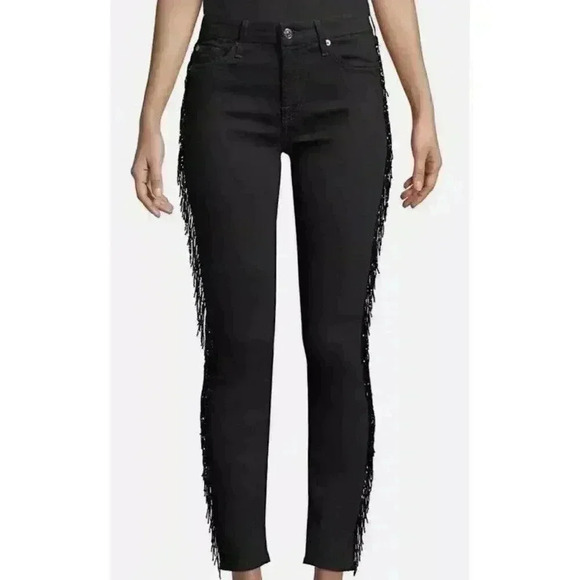 7 for All Mankind Jeans Blair‎ Women's 25 Beaded Fringe Ankle Skinny Black Denim - Picture 1 of 12